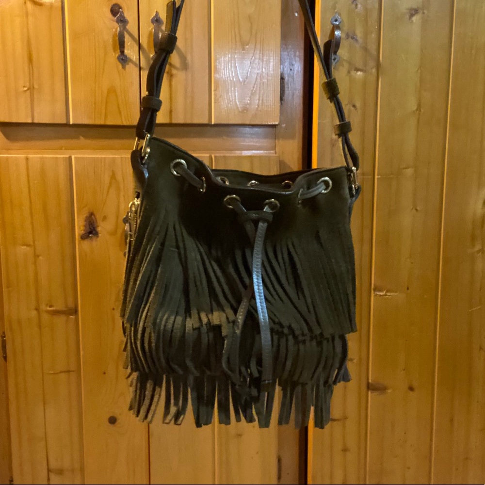 YSL suede bucket bag, brown with gold hardware